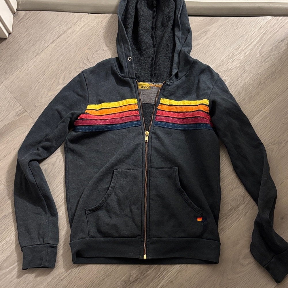 Aviator Nation Charcoal Hoodie with Multicolor Stripes (14) Women’s XS